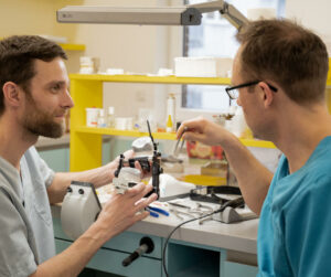Das Bild zeigt David Roters, Teamleiter des Labors und Zahntechnikermeister, zusammen mit Dr. Robert Ponelis. David Roters, links im Bild, trägt helle medizinische Kleidung und hält ein Zahnmodell in den Händen. Dr. Robert Ponelis, rechts im Bild, trägt blaue medizinische Kleidung und betrachtet das Modell. Beide befinden sich in einem gut ausgestatteten Labor mit verschiedenen zahnmedizinischen Geräten und Werkzeugen im Hintergrund. Die Szene zeigt die Zusammenarbeit bei der Vorbereitung eines Zahnmodells.