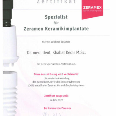 Zertifikat von Dr. Kedir - Spezialist für Keramikimplantate