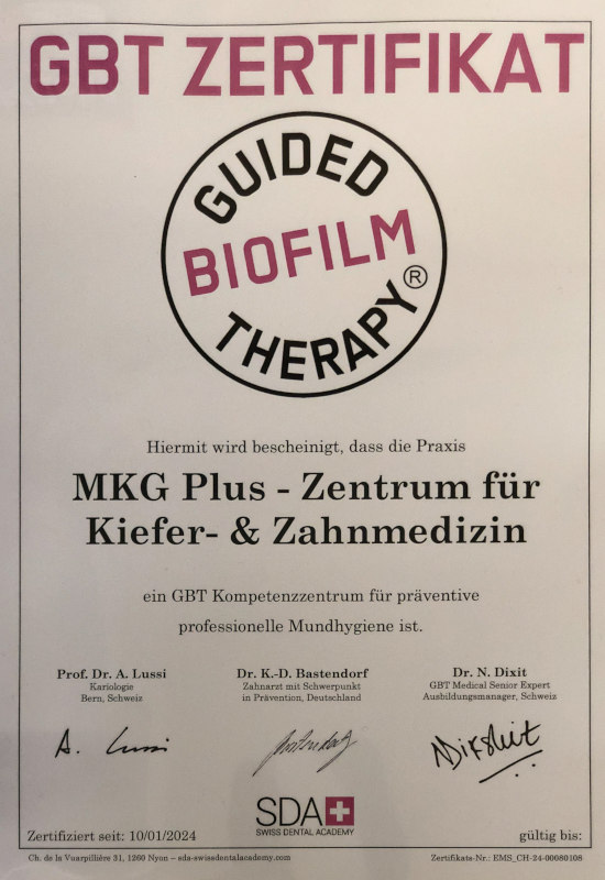 Guided Biofilm Therapy (GBT) Zertifikat - MKG Plus - Zentrum für Kiefer- & Zahnmedizin in Münster