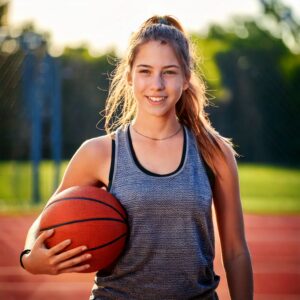 Teenager-Mädchen mit Zahnspange und Basketball in der Hand, lächelnd auf einem Sportplatz im Sonnenuntergang