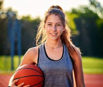 Teenager-Mädchen mit Zahnspange und Basketball in der Hand, lächelnd auf einem Sportplatz im Sonnenuntergang