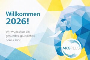 Farbenfrohes Neujahrsbild 2026 im MKG Plus Designstil mit stilisiertem Elefantenmotiv und Neujahrsgruß in modernem, geometrischem Look