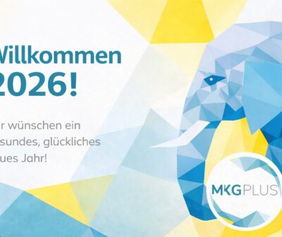 Farbenfrohes Neujahrsbild 2026 im MKG Plus Designstil mit stilisiertem Elefantenmotiv und Neujahrsgruß in modernem, geometrischem Look
