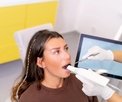 Das Bild zeigt eine Behandlung mit einem Intraoralscanner bei einem Zahnarzt in Münster. Eine Frau mit langen braunen Haaren sitzt im Behandlungsstuhl und erhält die Behandlung. Der Zahnarzt, dessen Hände mit weißen Handschuhen zu sehen sind, hält den Intraoralscanner in ihrem Mund. Im Hintergrund sind gelbe Schubladen und ein Computermonitor zu sehen, der die Scans darstellt. Die Atmosphäre im Raum wirkt modern und sauber.